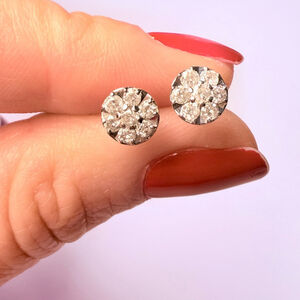 Estate 10K Solid White Gold .75 TCW Natural Diamond Cluster 6.5mm Stud Earrings